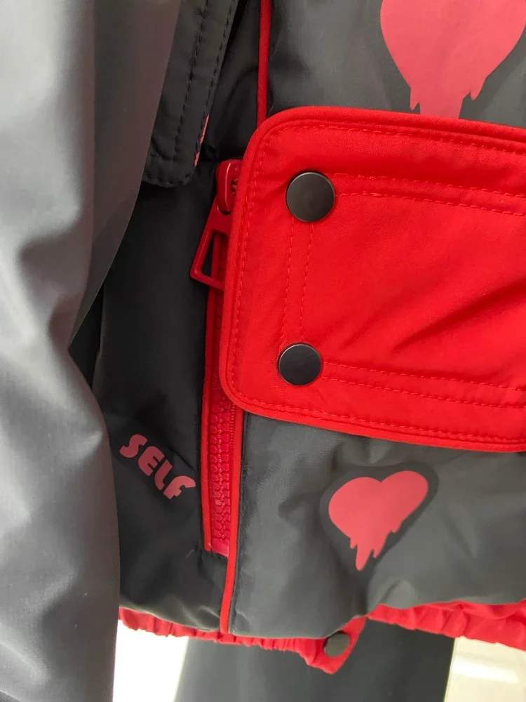 Rood Hart Bedrukt Donsjack Los Oversized Kort Broodpak Winter Hoge Kwaliteit Capuchon Dikke Warme Witte Eend Puffer Jas Vrouwen