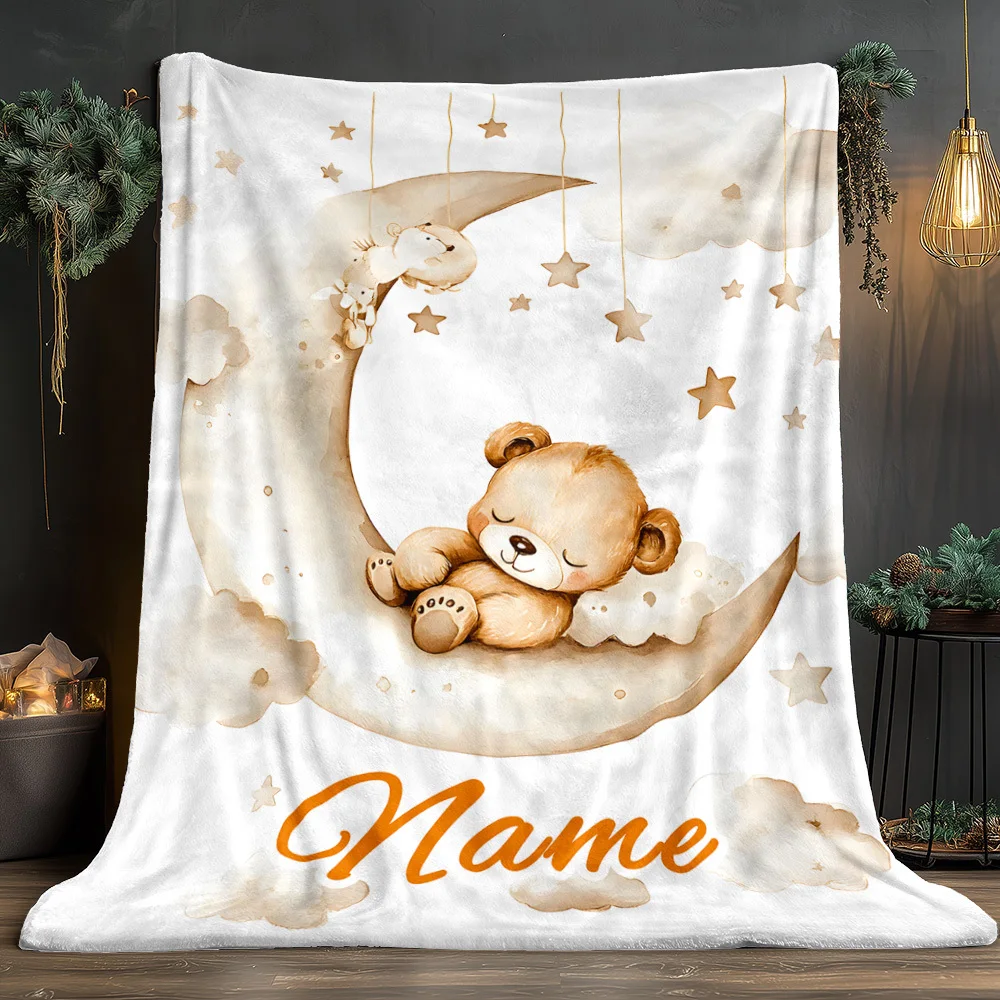 1pc Personalized Bear on Moon Throw Blanket - Custom Name, Soft Flannel All-Season Lightweight Blanket for Bed, Sofa, Travel