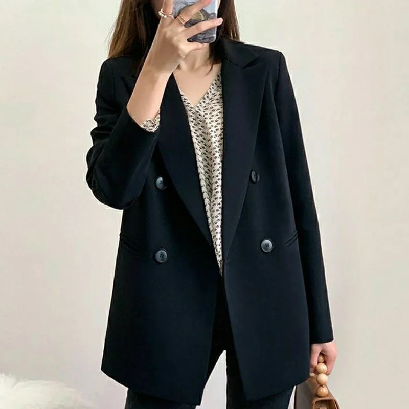 Blazer elegante con bolsillos de Color liso para mujer, ropa de otoño e invierno, Tops informales holgados para oficina, 2023