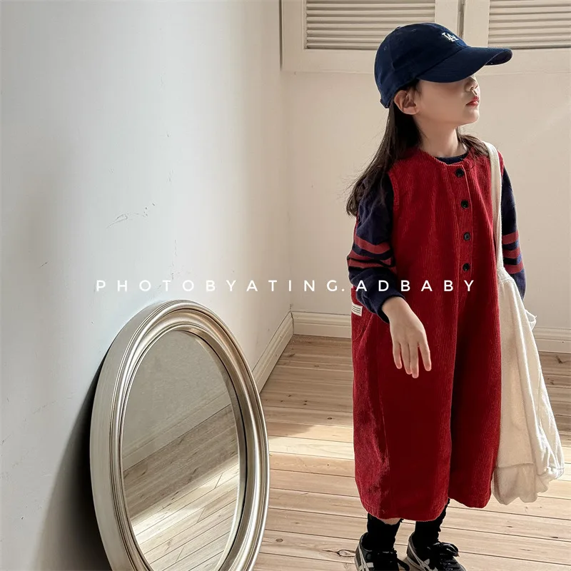 2024 Autumn New Children Loose Strap Trousers Boys Girls Corduroy Overalls Casual Pants Toddler Baby Solid Jumpsuit Kids Clothes