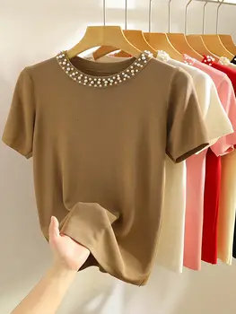 تيشيرت كوري محبوك للنساء، تصميم عصري جديد لصيف الألفية الجديدة، بدون أكمام، مزين بالخرز، خفيف الوزن، متوفر باللونين الأسود والأبيض. 8 best sales بلوزة عنابية اللون - №5