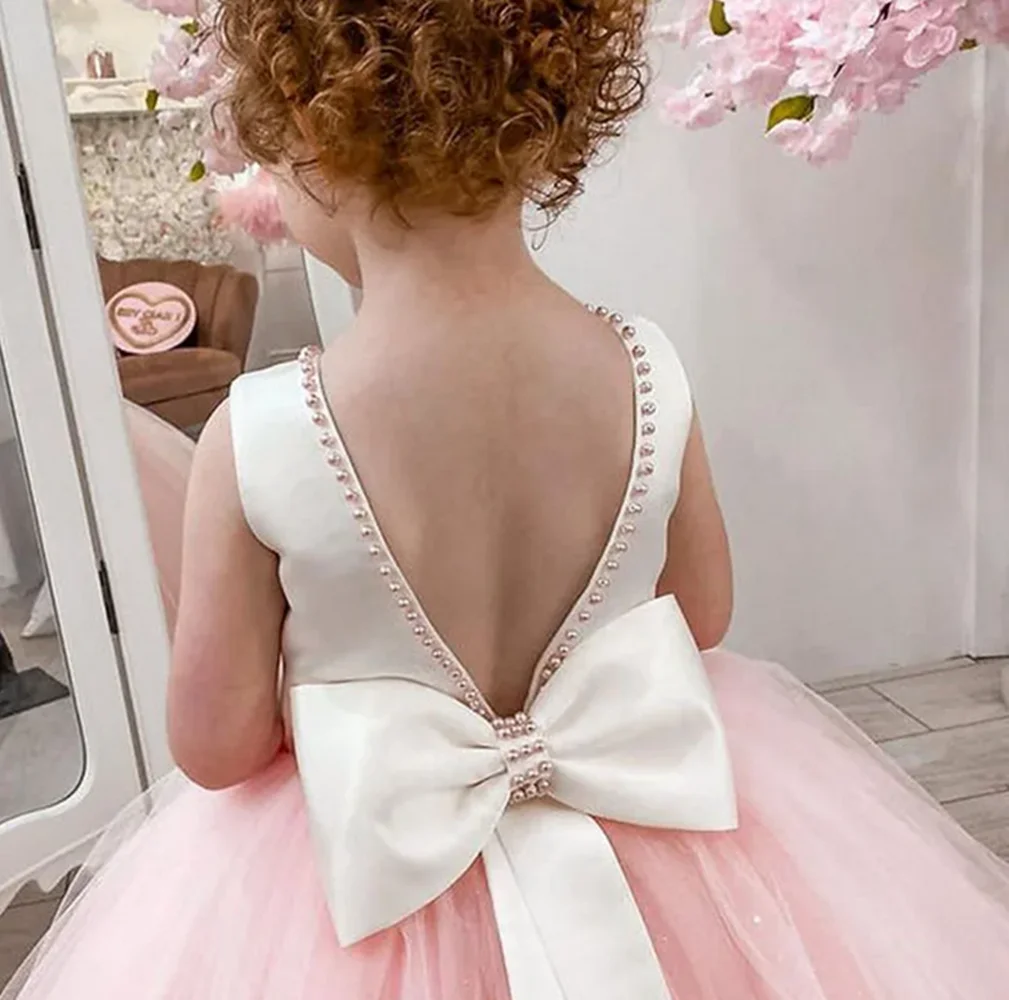 Flower Girl Dresses Pink Satin Sequin Top With Bow And Tailing Long Sleeve For Wedding Birthday Party Banquet Princess Gowns