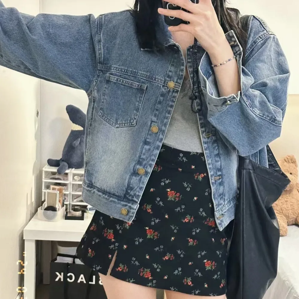 

Vintage Denim Jacket Women Spring and Fall New Short Simple Casual Models Retro Color Washed Texture Top Denim Jacket Jacket