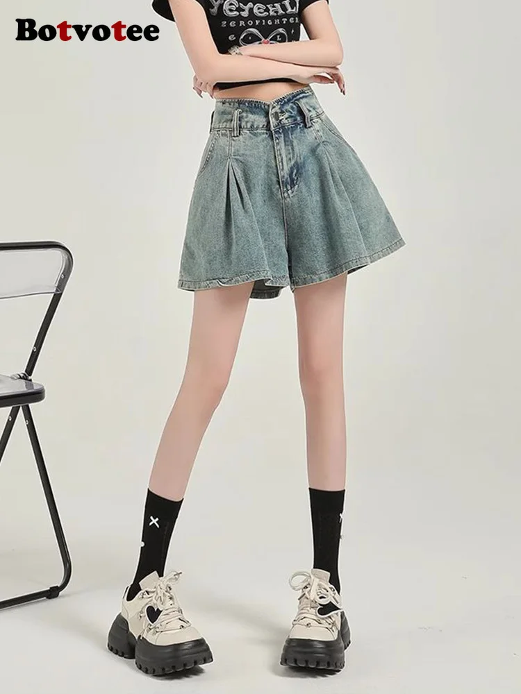 Botvotee Wide Leg Flare Short Jeans for Women High Waisted Korean Fashion Causal Blue Denim Shorts Vintage Streetwear Jeans
