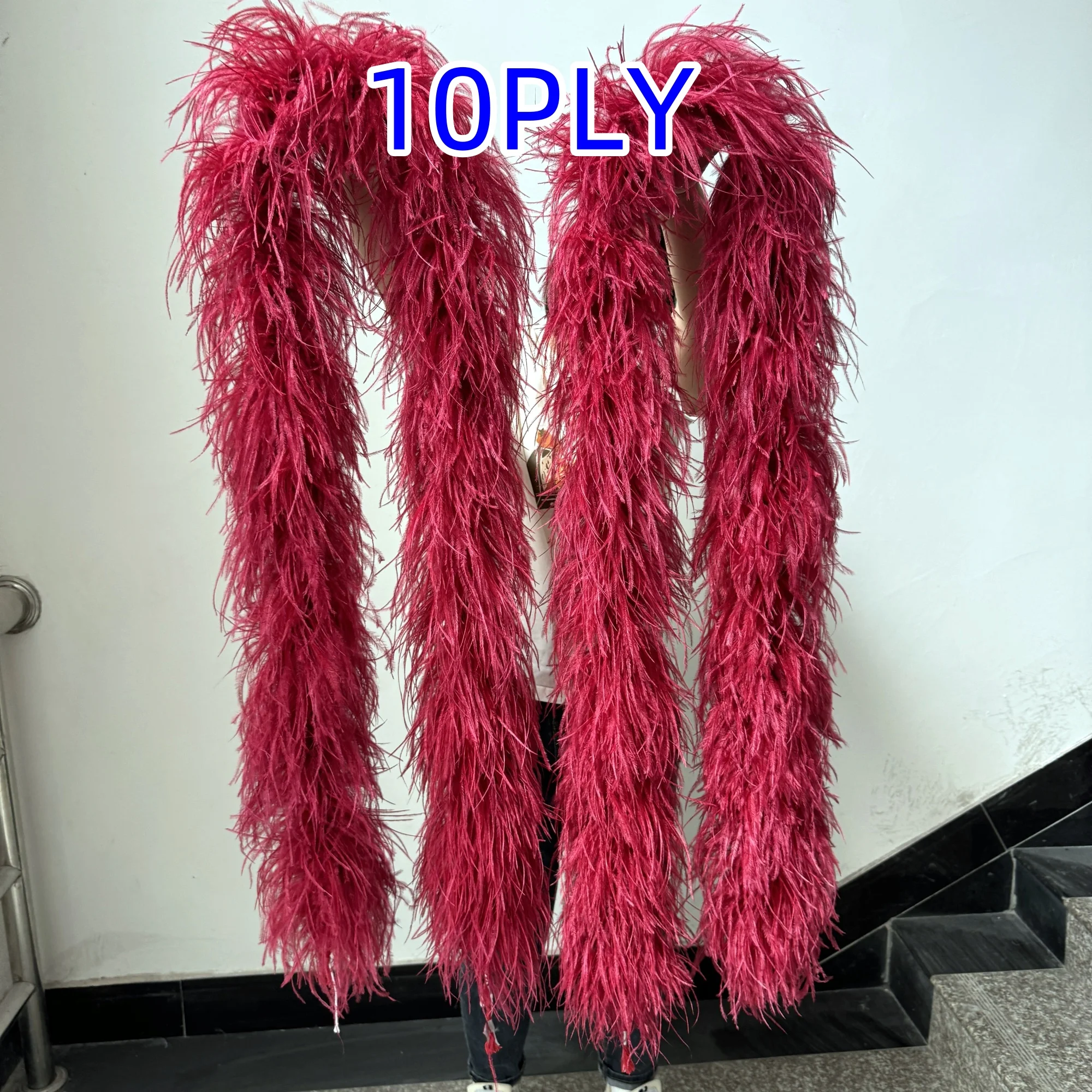 10PLY Ostrich Feather Boa 2M Red High Quality Ostrich Feather Trim Scarf Costume Fethers Shawl for Wedding Dress Decoration