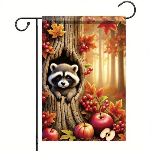 Thanksgiving Fall Garden Flag Raccoon in Tree Hole Flag 12x18 Inch Double-Sid... YYZ