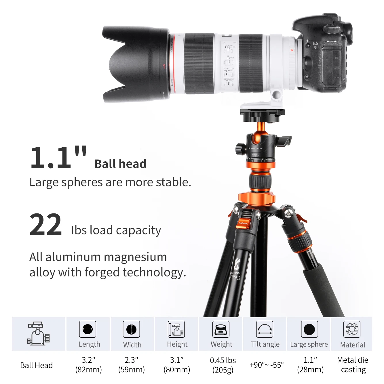 Cabeça esférica de tripé de metal K&F Concept 360 °   Panorâmica rotativa com bolha de placa de liberação rápida de 1/4 polegadas para câmera monopé com tripé