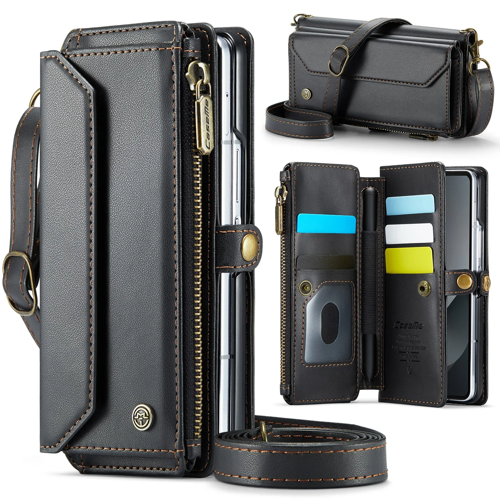 

Case For Samsung Galaxy Z Fold 7 6 5 4 PU Leather Strap Zipper Card Holder Phone Wallet Case
