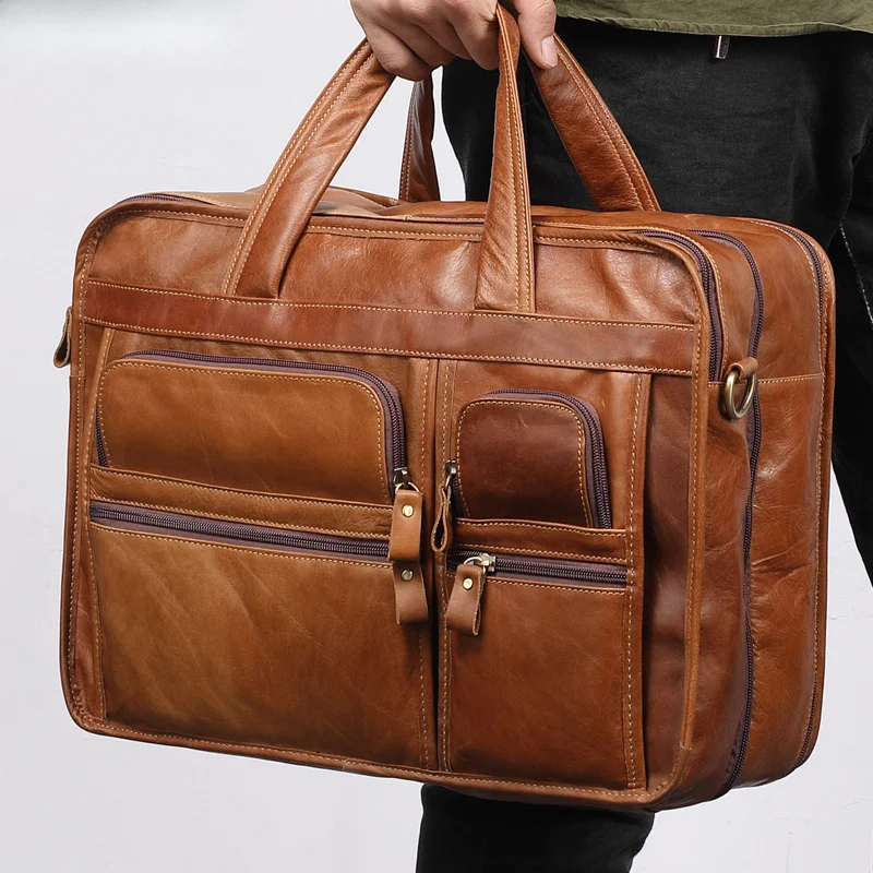 Leather men's briefcase briefcase 15.6 inches business computer handbag cowhide crossbody bag leather briefcase