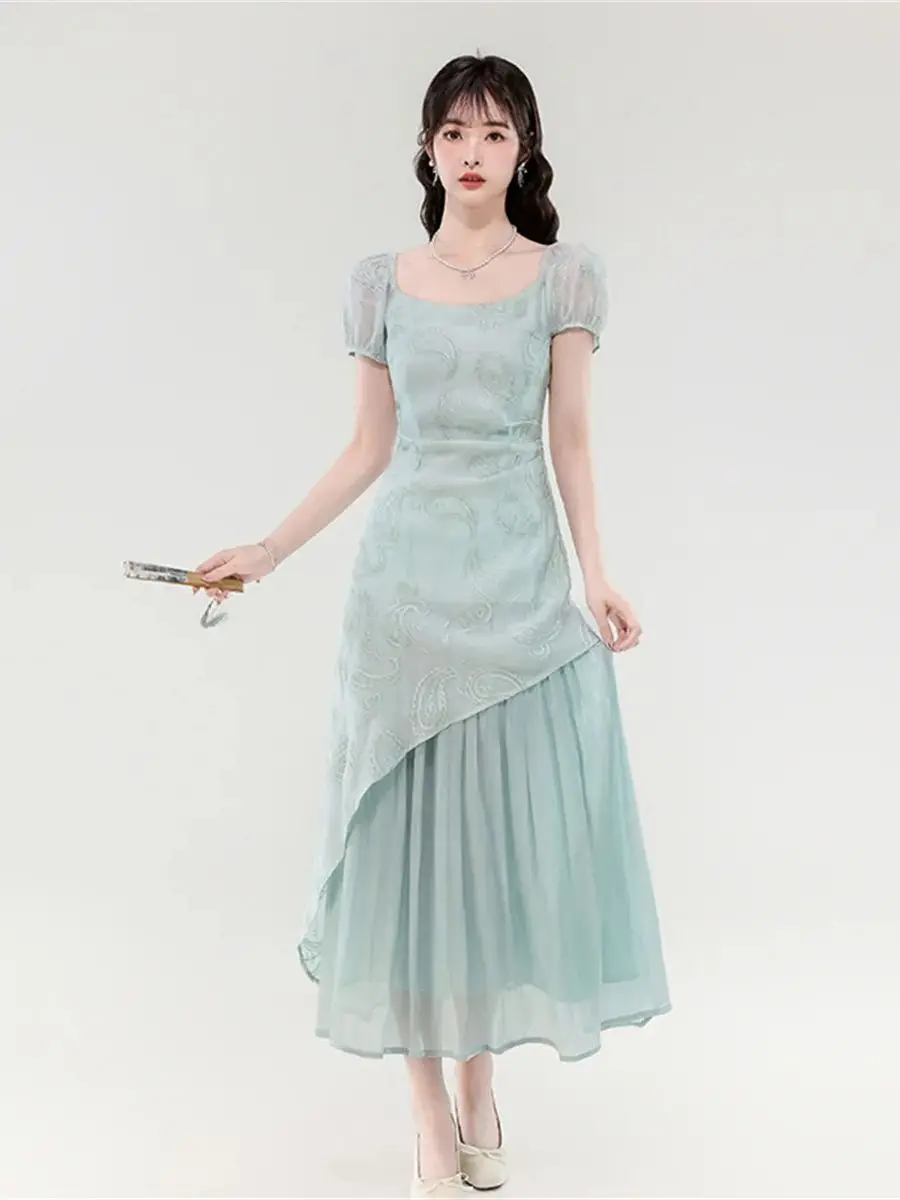 

Solid Splice Irregular Fake Two Piece Embroidery Long Dresses Women Vintage Puff Sleeve Slim One Piece Midi Dress