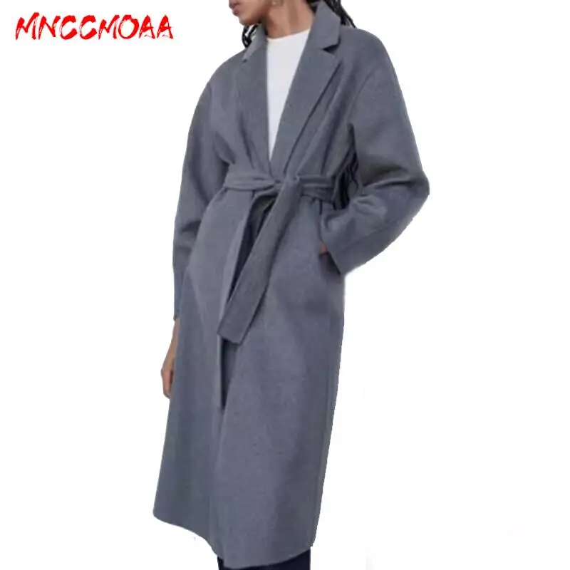 MNCCMOAA 2024 Autumn Winter Women Fashion Loose With Belt Long Woolen Coat Female Casual Long Sleeve Pockets Outerwear