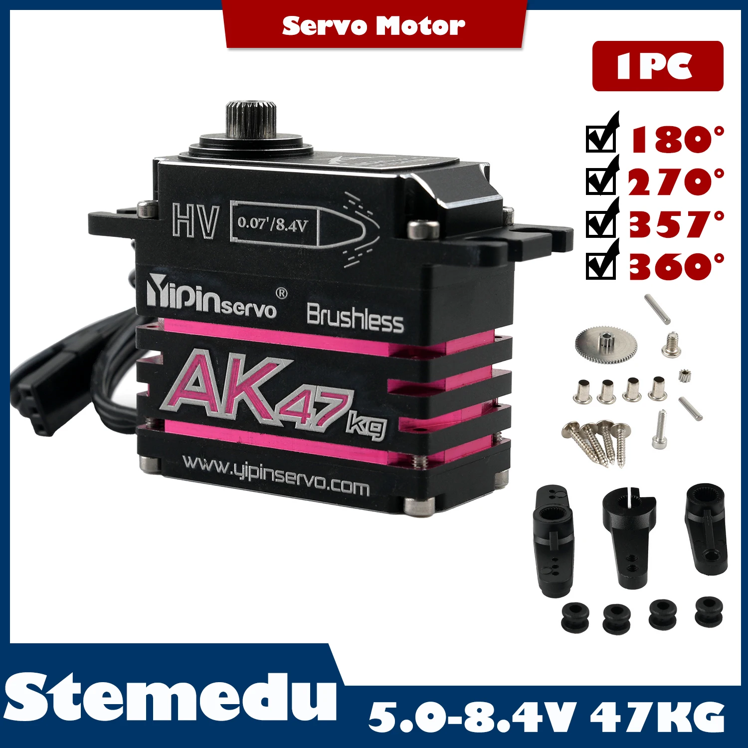 

YIPINServo AK47 47KG HV 180/270/357/360° Waterproof Brushless Digital Servos All-metal Case Replacement for 1/10 1/8 Model Car