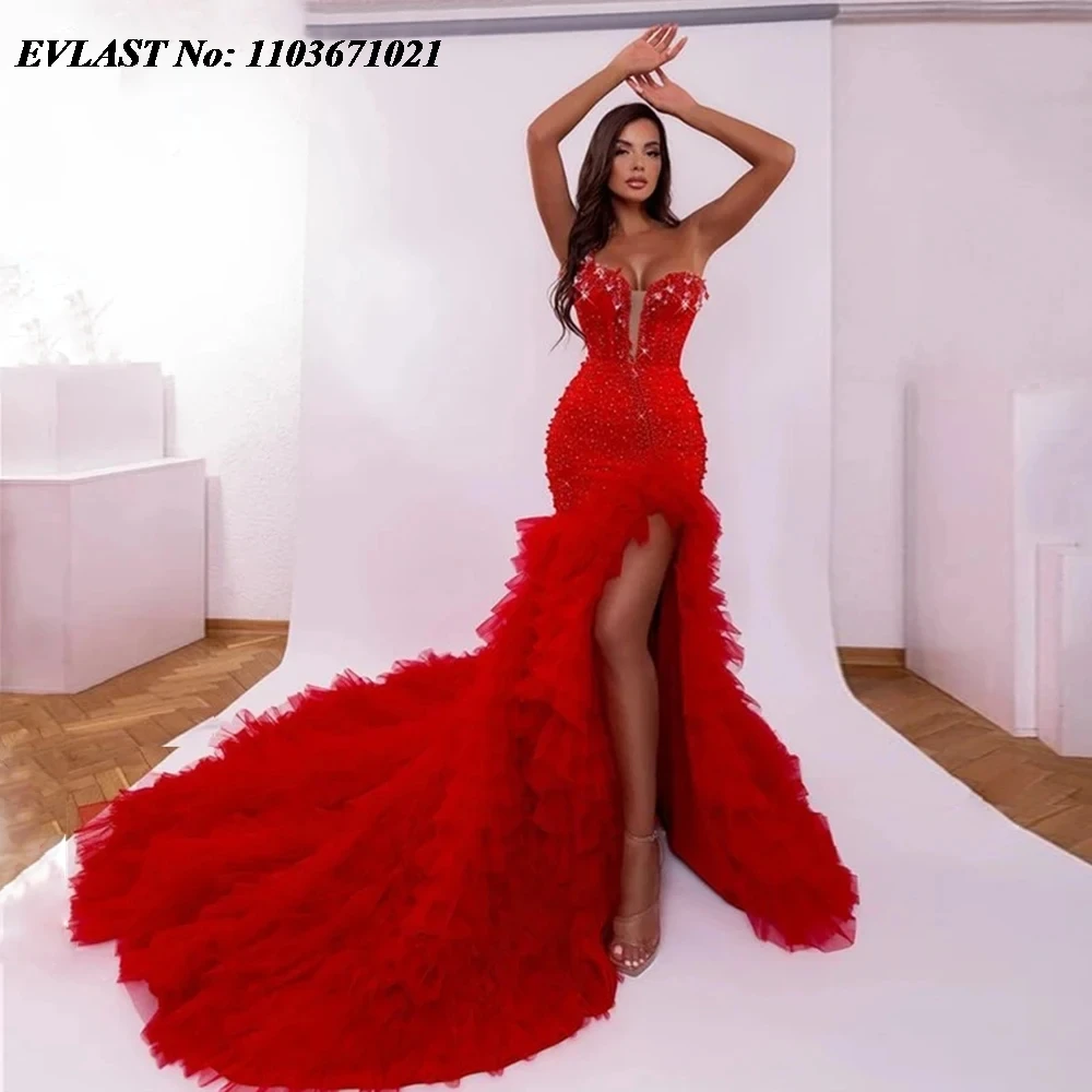 

EVLAST Gorgeous Red Mermaid Prom Dress 2025 High Slit Tiered Tulle Beaded Crystals Evening Party Dress Aso Ebi Formal Gown P201