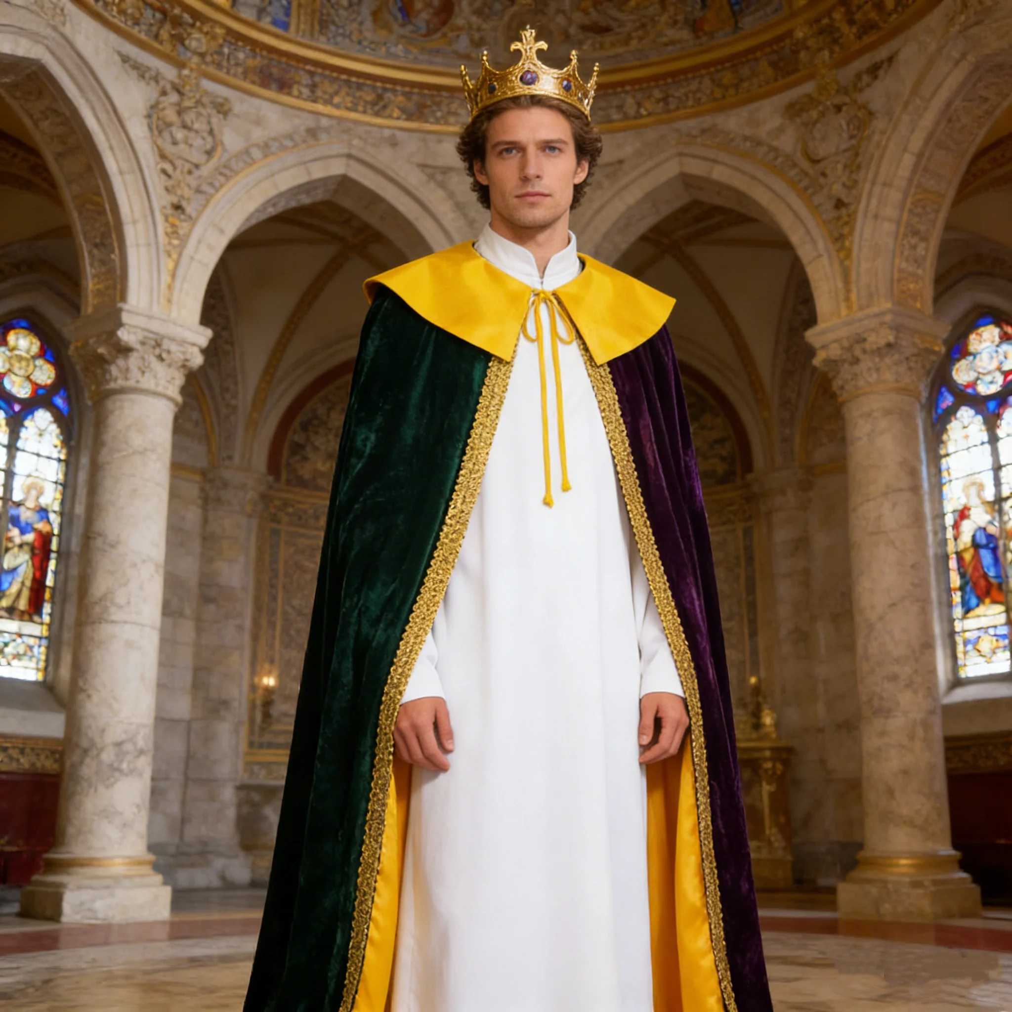 

Medieval Cape King Prince Cosplay Vintage Color Block Turn Down Coallr Cloack Peformance Stage Shown Costume