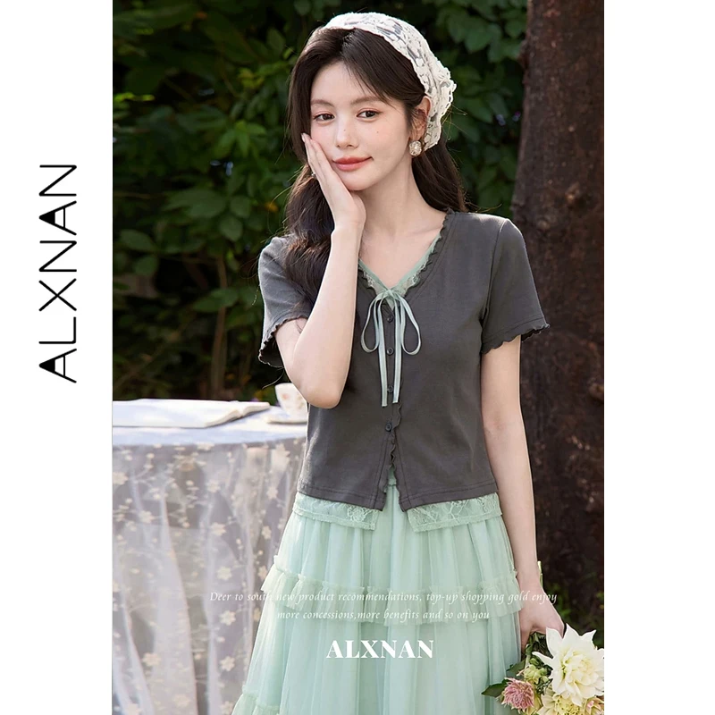 

ALXNAN Grey T-shirt Women V-neck Ruffle Layered Slim-fit Short Sleeve Tees Summer Elegant Casual Fashion Female Tops L638109