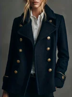 Abrigo de tweed azul marino de doble botonadura para mujer, chaqueta corta de invierno con cuello de solapa