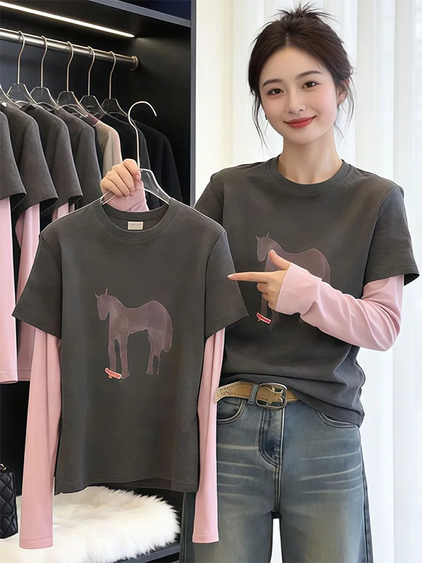 

Корейская женская футболка с длинным рукавом свободного кроя с принтом, новинка весенней коллекции, повседневный топ для похудения, модный дизайн в стиле агэл.