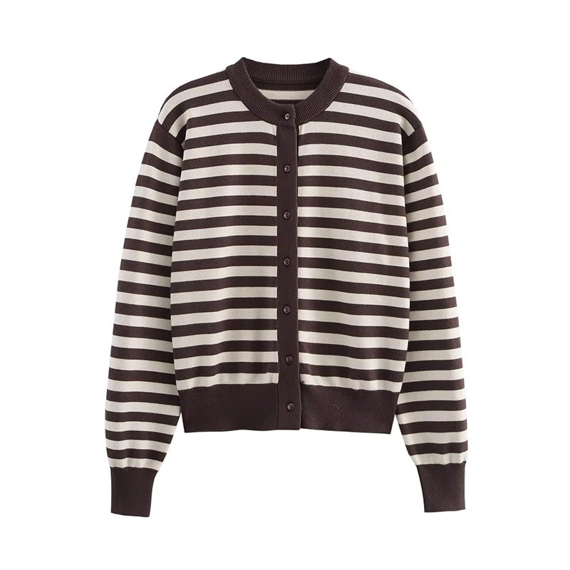 

YENKYE 2025 Women Long Sleeve O Neck Front Button Striped Knit Cardigan Crop Casual Outerwear