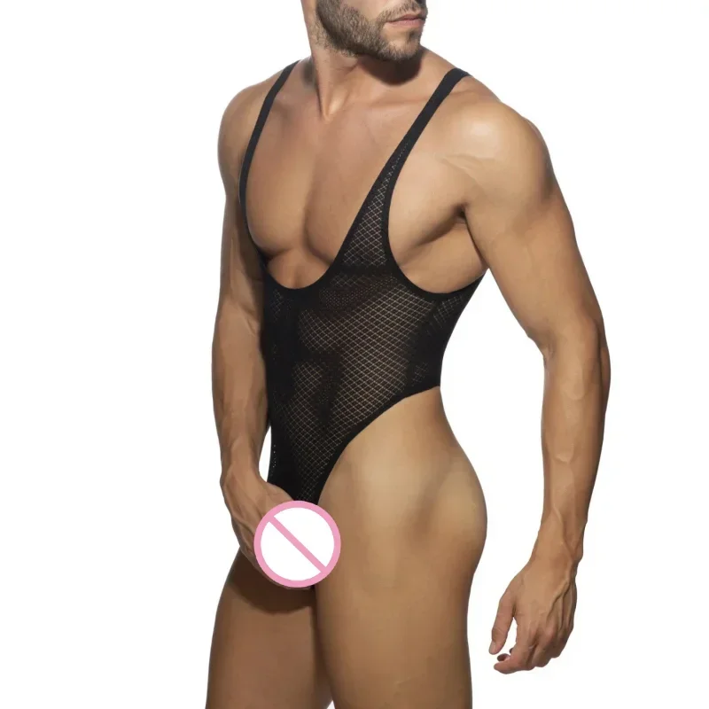 Homens malha pijamas bodysuits sexy rendas ver através sem mangas de uma peça homewear gay masculino transparente regatas macacão roupa interior
