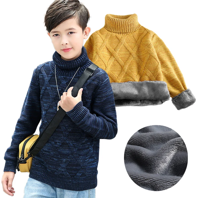 

Children's Autumn Fashion Plush Turtleneck Sweater Boys Winter Plaid Thickened Warm Pullover Kids Casual Knitted Sweaters 3Y-10Y