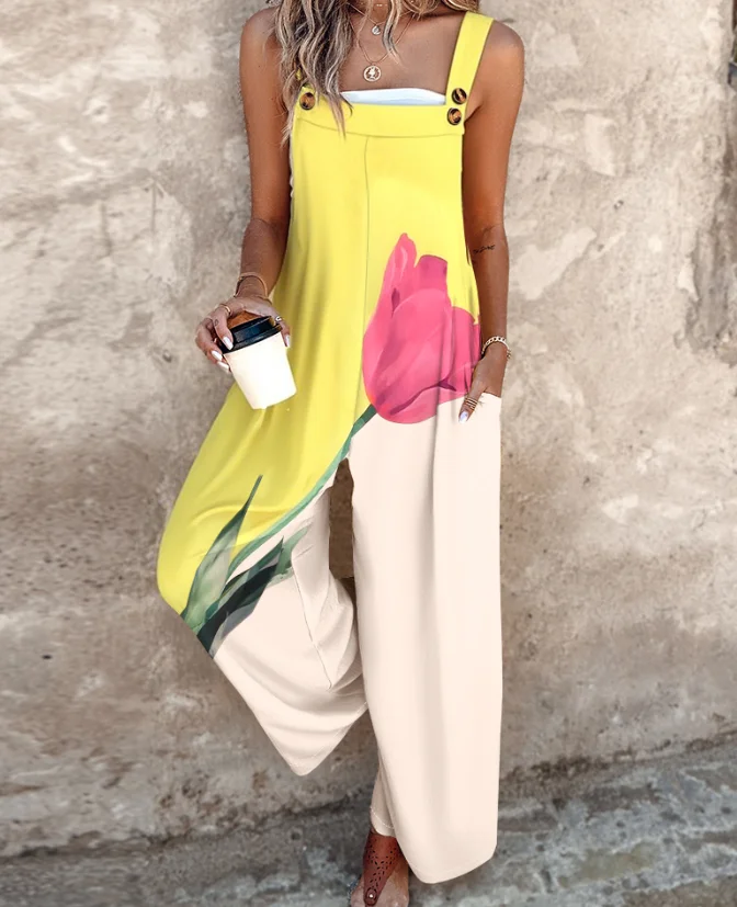 

Flower pattern thick belt jumpsuit casual loose overall with pockets 2025 summer new women's clothing