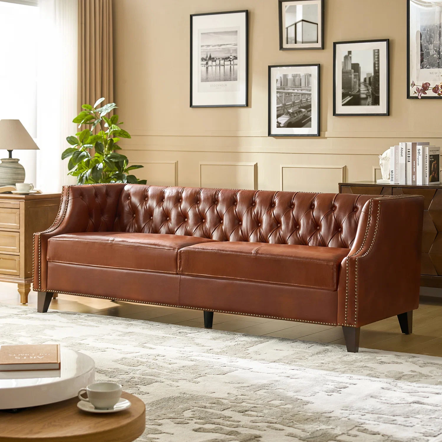 #American retro living room leather sofa French country three-person sofa simple classic buckle design hotel apartment