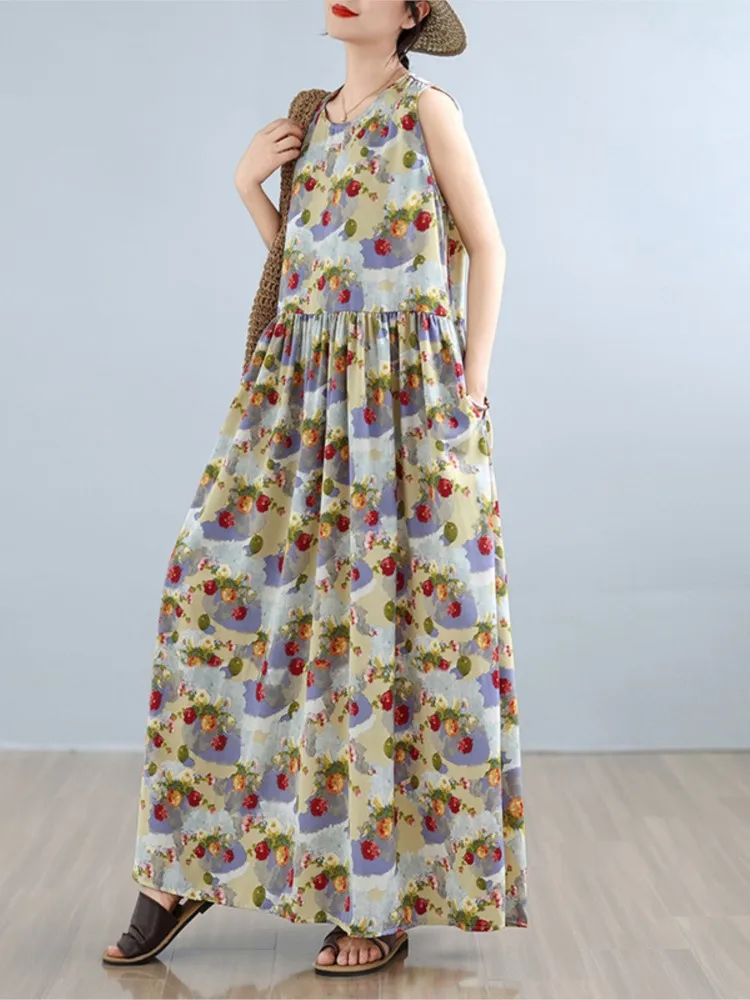 Oversized zomer mouwloze jurk dames bloemenprint mode bohemien stijl damesjurken losse ruche geplooide damesjurk