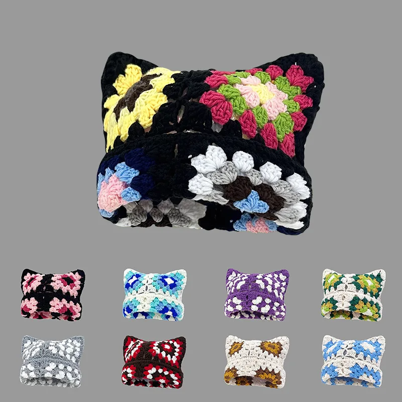 bones-de-trico-com-orelhas-de-gato-e-flores-coloridas-estilo-retro-vazados-doces-e-versateis-para-mulheres
