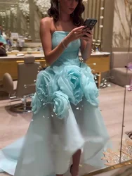 Exquisite Strapless Ball Gown Hi-Lo Prom Dresses Flower Organza Formal Occasion Gown فساتين سهره نسائيه فخمةفستان سهرهجديد في فس