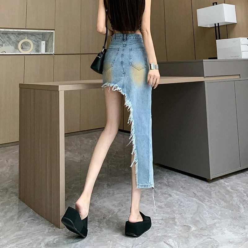 Summer Asymmetrical Jean Skirt Y2K Irregular Washed Frayed Split Sexy Denim Long Skirts Streetwear Bodycon Wrap Hip Ladies Jupes