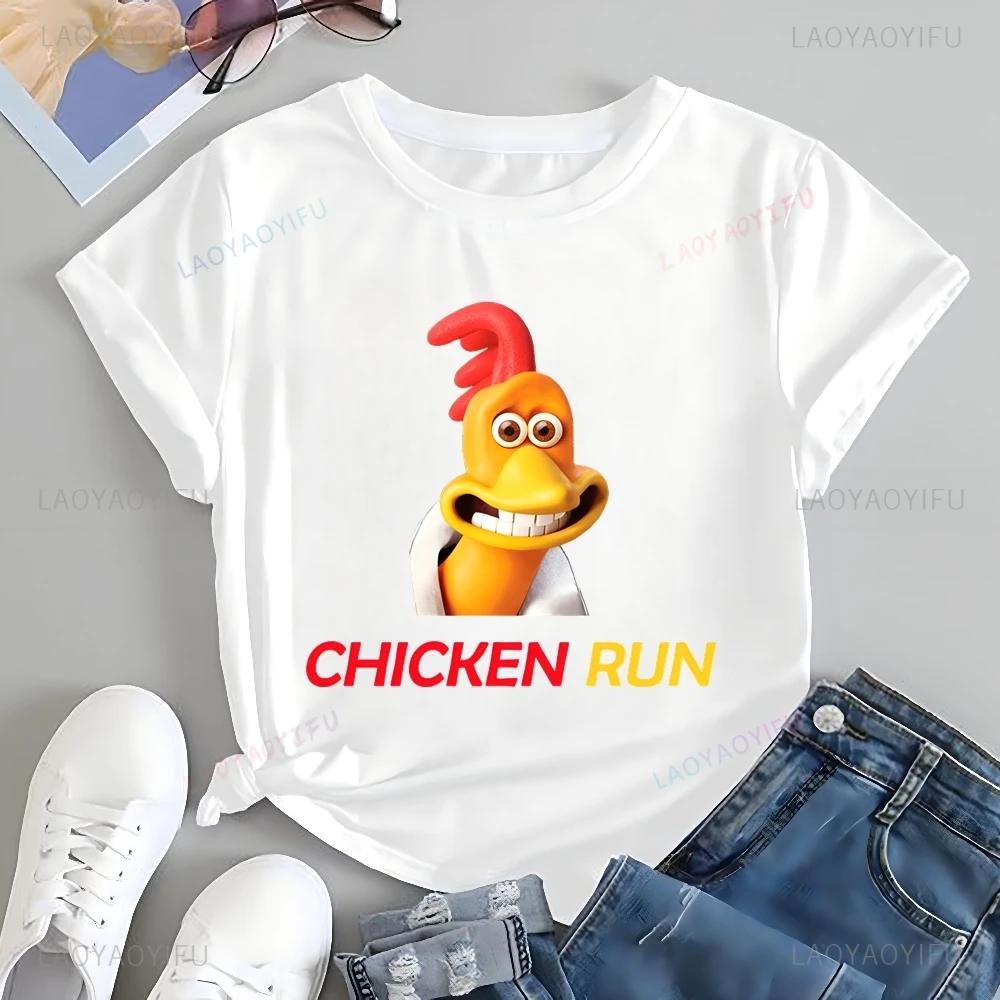 Stylish Vintage CHICKEN RUN Printed T-shirt Top Neutral Trend Harajuku Short Sleeve Unisex Shirt Pattern Large T-shirt