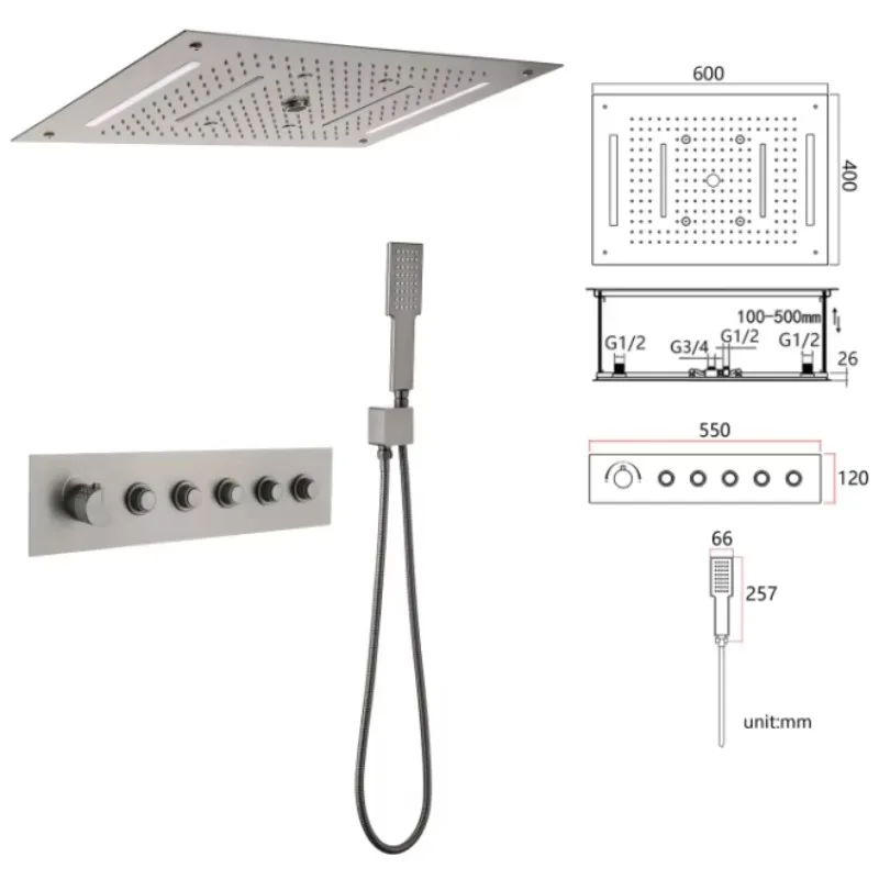 多機能LED内蔵シャワーセット サーモスタット式蛇口 クロムメッキ真鍮製 セラミック製 壁埋め込み型
