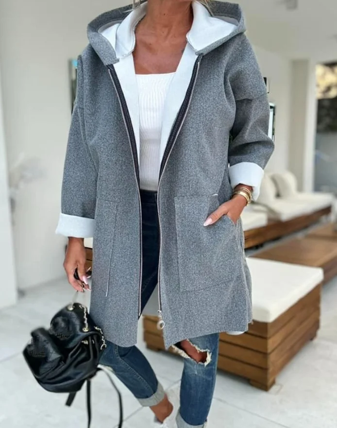 Veste à capuche monochrome à manches longues pour femmes, doublure zippée, design de poche à la mode, nouveau style, en stock