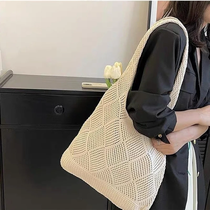 Neue Trend frauen Tasche Häkeln Handtasche Retro Gestrickte Einfarbig Hohl Top-griff Einkaufstasche Reise Shopper Schulter tasche – Detail 22