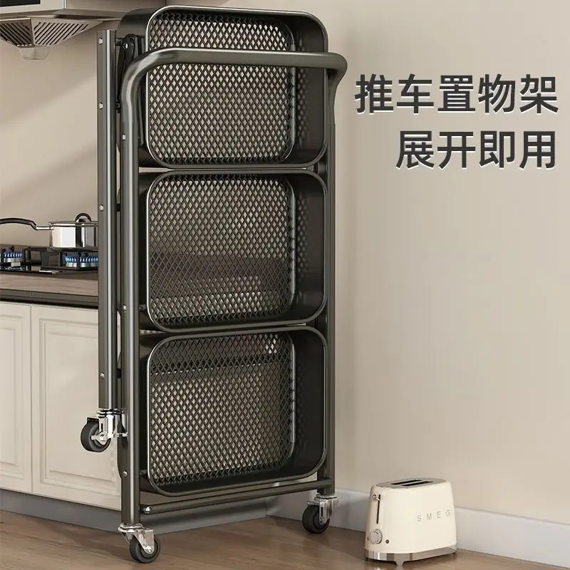 Foldable 3 Tier Kitchen Trolley Metal Rolling Storage Cart No Assembly Required Lockable Wheels Black White Multifunctional