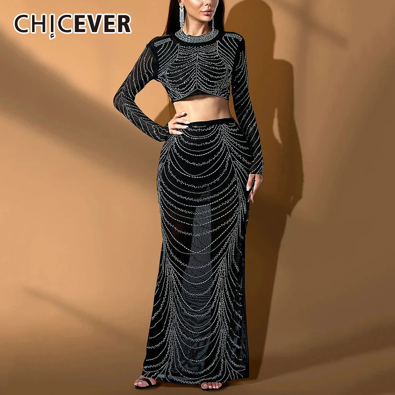 CHICEVER Luxury Two Piece Set for Women Stand Collar Long Sleeve Spliced Chain Short Top High Waist Slim Skirts Chic Suit Female