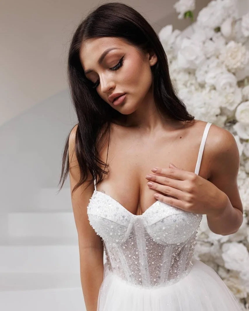 Shiny Beaded Sequined  Sweethart  Tea Length Bridal Grown A Line Wedding Dresses Custom Made 2026 Rode De Morrie