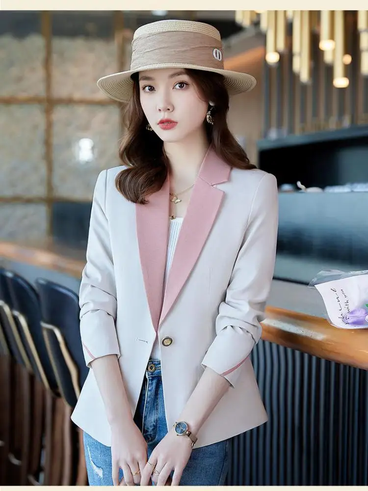 Casual Formal Patchwork Blaze Coat Korea Suit Female Office Short Blazers Jackets Lady Femme Pockets Slim Spring Autumn Women