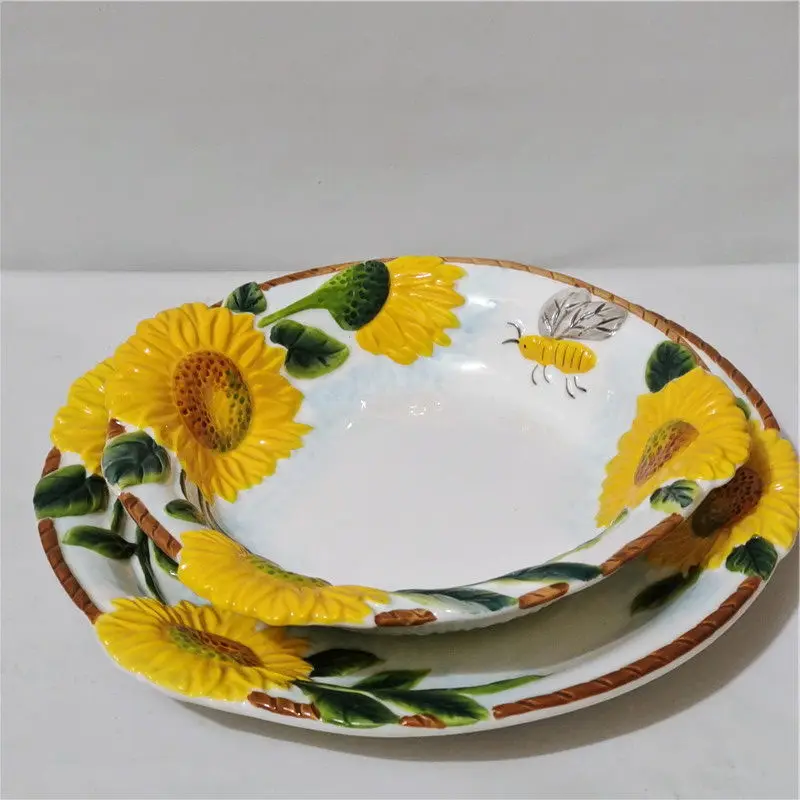 Retro style Ceramic Sunflower Sunflower Plate Set Home Decorative Bowl Hand Painted Relief High Temperature Resistant