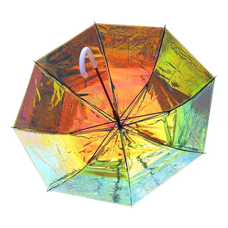 مظلة مطر ليزر شفافة من الألياف بمقبض طويل مقاومة للرياح على شكل عظمة قوس قزح من مادة PVC للمعيشة المنزلية