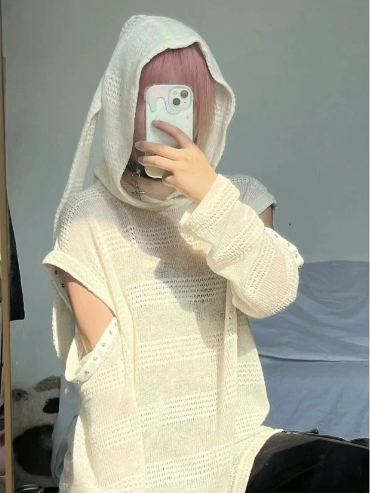 Kawaii Rabbit Ears Knitted Loose Thin Sweatshirts Sun Protection Hollow Out Pullovers Y2k All Match Harajuku Women\'s Hoodies