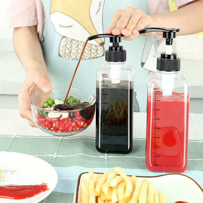 Dispensador de líquidos de 500ML/1000ML con escala, botella de goteo para café y jarabe con cabezal de bomba hidráulica, recipiente para miel de cocina