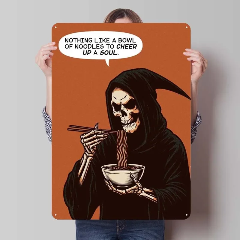 Grim Reaper Bowl of Noodle Comics Metal Poster Room Decoration Vintage Funny Metal Tin Sign Plate for Wall Decoration Art Mural