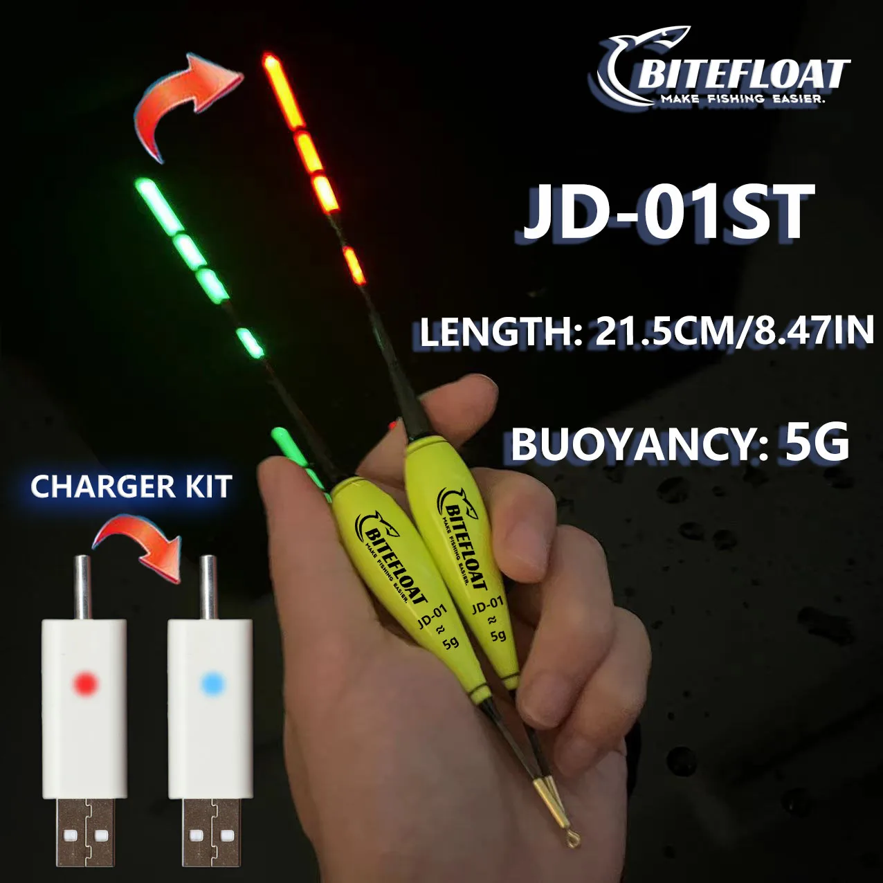 1 Set Smart Angel-Elektronik-Float-LED-Licht-Rutenset mit CR425 wiederaufladbarem Akku, Ladegerät, Haken, Farbwechsel, Karpfen, Neu 2024