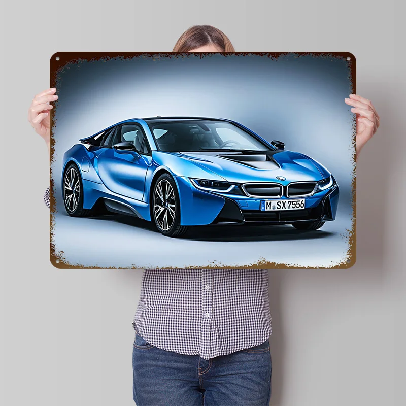 Blaues Sportwagen I8 Blechschild, Individuelles Wandkunst-Poster, Vintage Metallschilder, Retro-Platten für Maßgefertigte Schilder, Moderne Heimdekoration