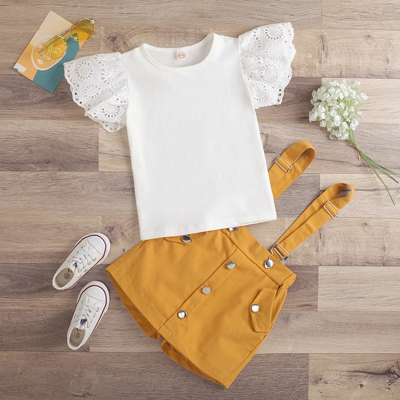 2026 Girls Clothing Sets Summer Cotton Top And Overalls Little Princess Baby Suits Birthday Party Kids Clothes 2 3 4 5 6 Years