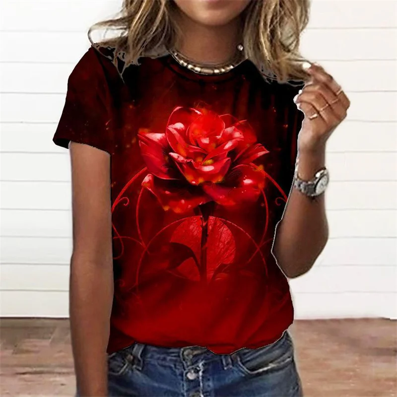 Roses Flower T Shirt Women 3D Floral Blossom Printed T-shirt Casaul Streetwear Tee Shirts Womens Clothing Oversize Short Sleeve