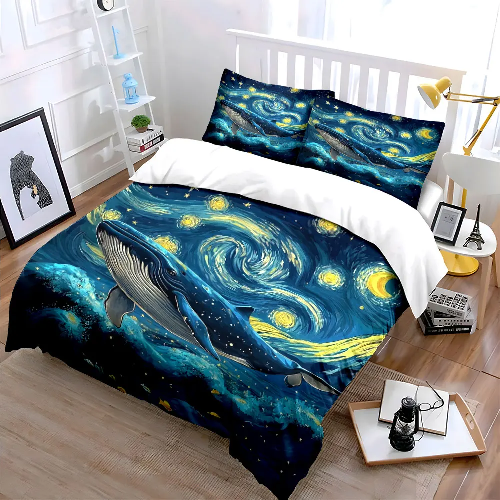 Van Gogh style Blue whale swimming under starry sky Bedding Set for Kids Luxury Gift 3pcs Digital Print Comforter Set Soft warm