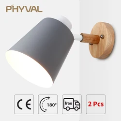 PHYVAL-Lámpara de pared nórdica para cabecera, candelabro de madera para dormitorio, sala de estar, iluminación del hogar, cabezal de dirección de macarrón E27