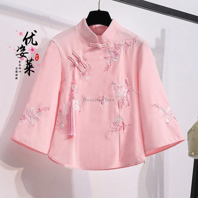 

2024 women's chinese tang suit pan buckle embroidered blouse ethnic style half sleeve stand collar cheongsam qipao blouse w580